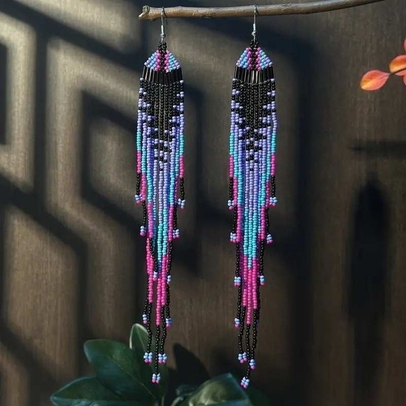 Jewelry - Handcrafted Pink, Purple & Turquoise Beaded Fringe Earrings NWOT NEVER WORN